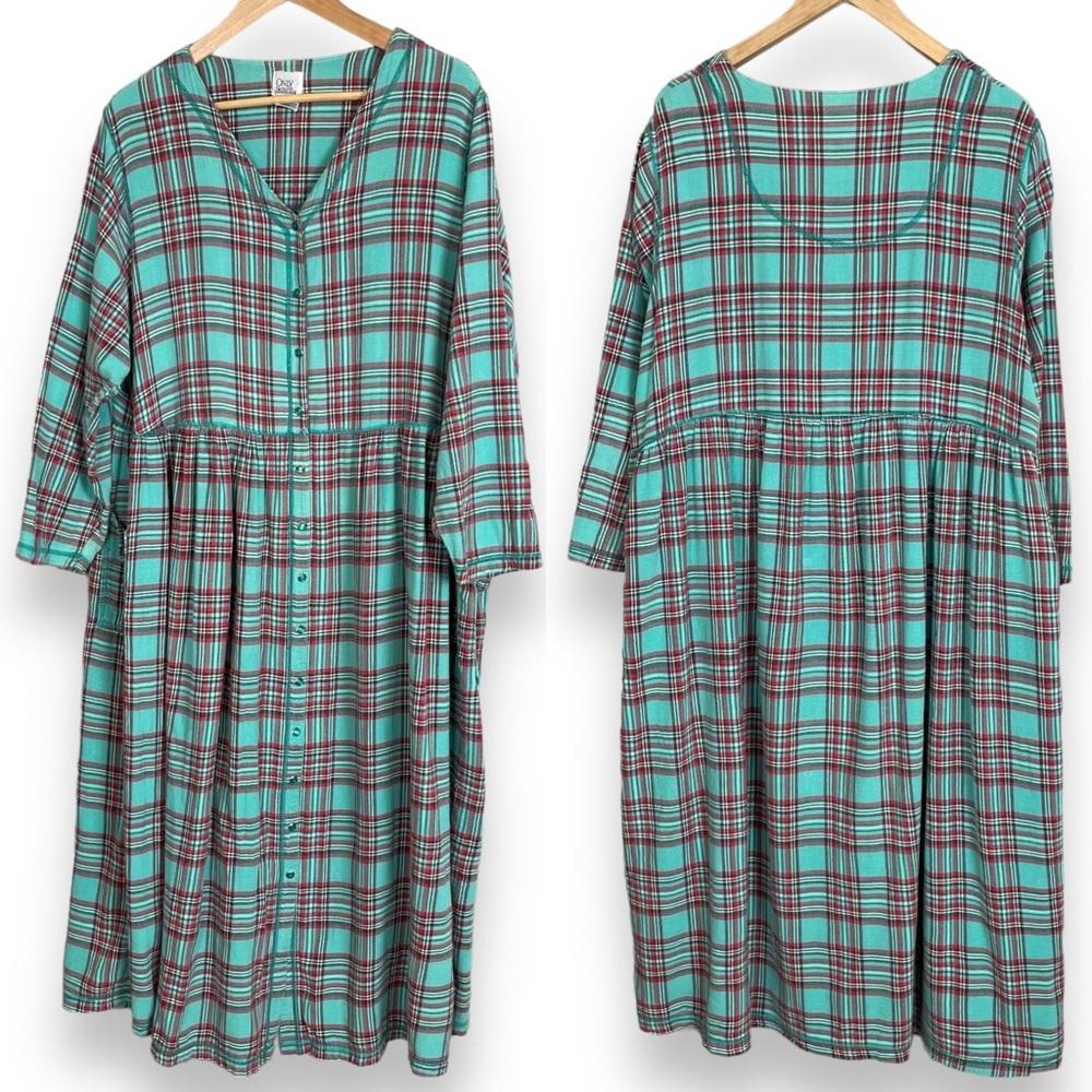 Vintage Flannel Nightgown Plaid Turquoise Plus Size‎ Pearl Snaps 1X Pajamas PJs